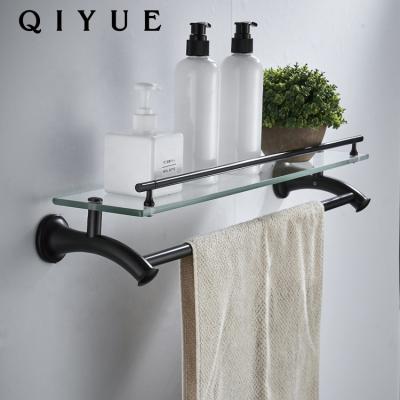 China New Design Durable Zinc Alloy Wall Mounted Single Tier Zinc Alloy Matte Black Rustproof Bathroom Glass Shelf With Towel Rack For Corner for sale