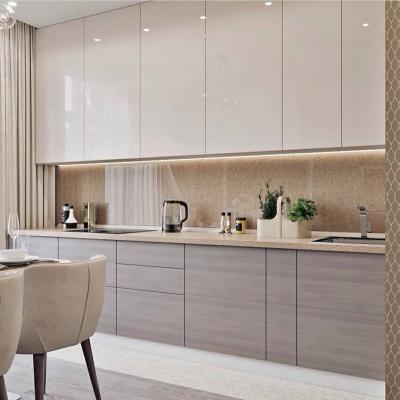 China Eco-Friendly Design Customizable Modern Glazed Lacquer L Kitchens Cabinets Design With Staineses Steel Handles for sale