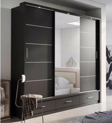 China Adjustable (Height) I Shape 3 Door Dark Bedroom Wardrobe With Mirror And Drawer Storage for sale