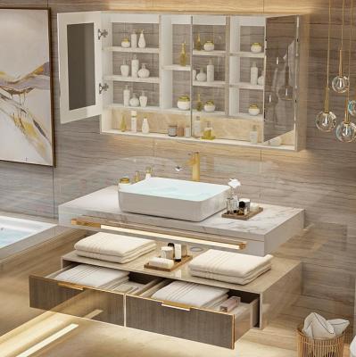 China Durable Modern Luxury Wall Mounted Gold Handle Bathroom Vanity Cabinet With Mirror Basin for sale