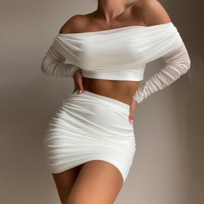 China Lygens Autumn Winter Women Elegant 2021 Mesh Crop Top Ruched Long Sleeve 2 Piece Off Shoulder Mini Skirt Set Party Elegant for sale