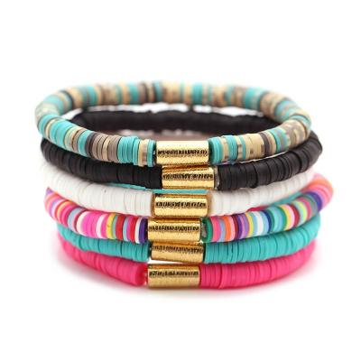 China BOHEMIA Moyamiya fashion jewelry pure color pottery heishi beads gold soft beads stretch elastic bracelet for sale