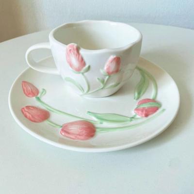 China New Viable Ceramic Tulip Design Plate Dinner Ware Hand Painted With Relief Porcelain Tableware Cake Girly Dishes for sale