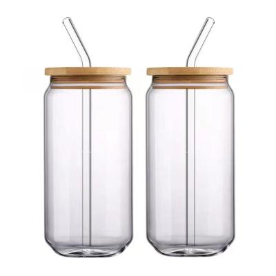 China Reusable 12oz Cola Beer Borosilicate Glass Box Viable Sublimation Water Bottles With Bamboo Lid And Straw Custom Logo for sale