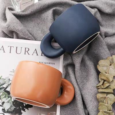 China 200ML Thick Handle Coffee Mugs Creative Cute Custom Ceramic Ice Cream Mug Viable Round Shape Matte Drinking Mug for sale