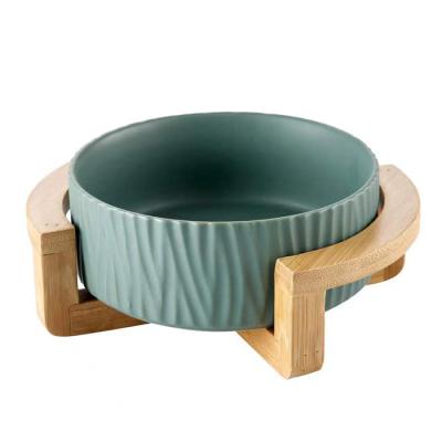 China Nordic Design Non-automatic 800ml Raised Ceramic Cat Dog Bowl Feeding Pet With Bamboo Stand for sale