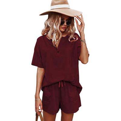 China QUICK DRY Custom Made Casual V-Neckline Women's New Fashion Loose Set Waist 2 Piece Summer 2 Piece Shorts Set for sale