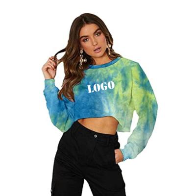 China Anti-wrinkle women fashion casual crew neck crop sweatshirt cropped shirts workout long sleeve crop tops tie dye pullover for women for sale