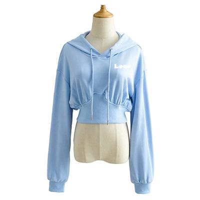 China Anti-Wrinkle Sky Blue Color Women Comfortable Casual High Crop Top Hoodies Long Sleeve Pullover Hooded Fashionable Cropped Hoodies With Rope for sale