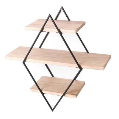 China Household Chinese Wooden Black Color Wall Shelf Living Room Metal Frame Wall Factory Rhombic Storage Shelves for sale