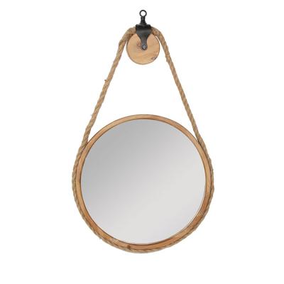 China Wholesale Wall Decor Wood Frame Small Compact Round Craft Wall Mirror With Cocking Rope for sale