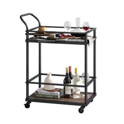 China Modern Glass Top Mobile Vintage Island Kitchen Cart Metal 2 Tier Industrial Wine Bar Cart for sale