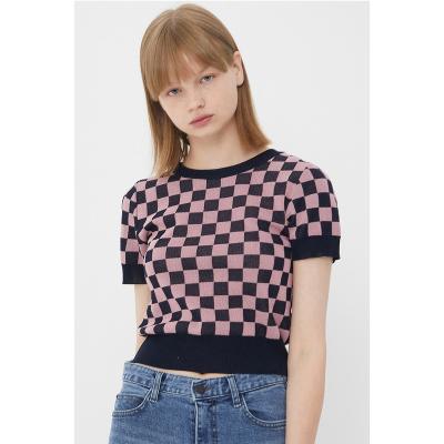 China 2022 Women's Knitted Women's Short Sleeve Sweater OEM Customized Contrast Breathable Patchwork Color Plaid for sale