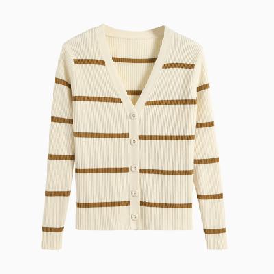 China Anti-pilling knitwear manufacturer v custom neck long sleeved striped knitted cardigan sweater women for sale