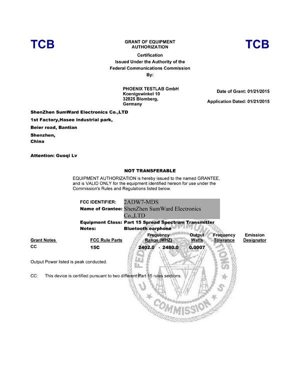 FCC-ID certificate V3.0-Earphone - ShenZhen Sumward Electronics Co., LTD