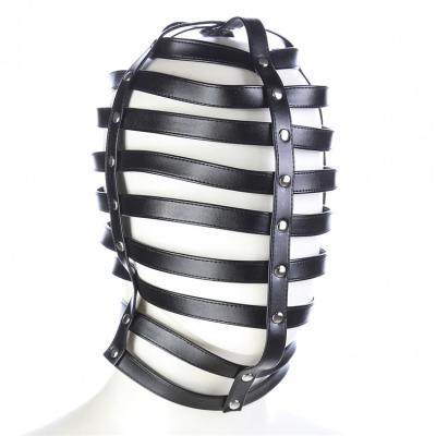 China Main Fetish Hood Erotic Toys Black Slave CIVET BDSM Bondage Restraint Gear Cavity Unique Design Hollow PU Leather Hood Stripe for sale