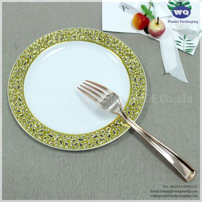 China 7.5'' Hot Selling Plastic Plate With Gold Rim, Factory Wholesale Bulk Wedding Elegant Gold Disposable Dinnerware Sets for sale