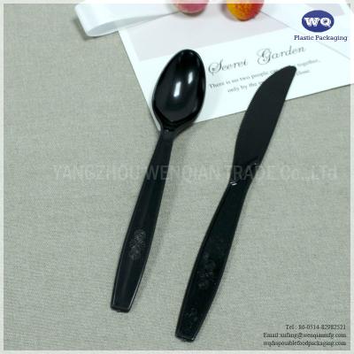 China 7 Inch Black Plastic Cutlery Set 4 In 1-Disposable Plastic Cutlery-black fork Knife Spoon pre wrapped plastic cutlery for sale