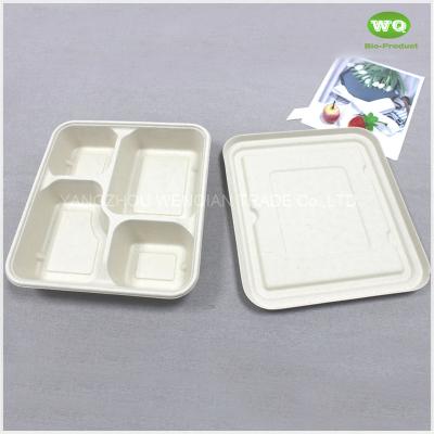 China Disposable 4-Coms Square Lunch Tray With Lid-Factory Offered Sugarcane Tableware-Leak Proof Takeaway Container With Lid for sale