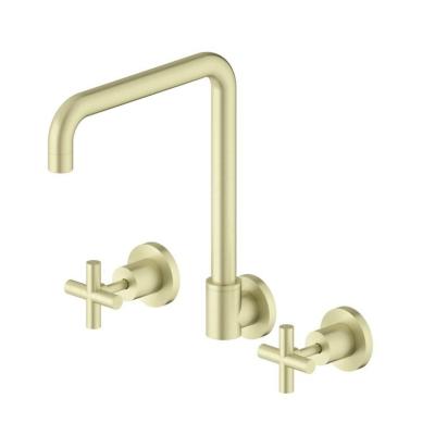 China Pull Out Spray 2022 Modern Brushed Gold 3 Way Wall Mounted Dual Handle Luxury Brass Mixer Kitchen Faucets Sink for sale