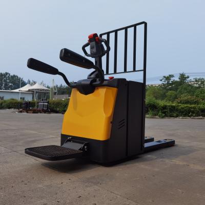 China 1.8 Tonnen 2 Tonnen elektrischer Walkie Rider Pallet Truck Trolley mit optionaler Rückenlehnenlenkung EPS zu verkaufen