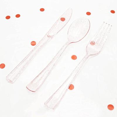 China Traditional Pink Plastic Silverware Set Disposable Spoon Knife Fork Knife Cutlery Gold Glitter Flatware Set Fancy Party Utensils for sale