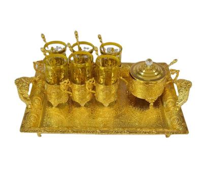 China Sustainable Luxury Turkish Drinkware Metal Glass Coffee Tea Cup Set Tray With Handle for sale