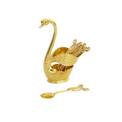 China Sustainable Home Decoration Table Flatware Swan Base Coffee Tea Spoon Gold Plated Set for sale