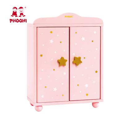 China Kids Wooden Girls Pretend Role Play Baby Doll Wooden Wardrobe with 3 Hangers Doll Furniture for Kids Wooden Toy for sale