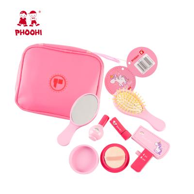 China Wholesale Cosmetic Toy Wooden Play Pretend Makeup Kids Wooden Toy Set Pretend Play Makeup Girl Pink Little for sale