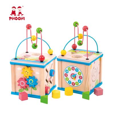 China Plywood+Pine Wood Baby Bead Maze Toy Shape Sorter Kids Wooden Activity Multifunctional Educational Cube for sale