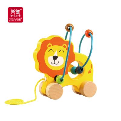 China Pull Along Lion Bead Maze Toy Wooden Animal Toys Kids Game For Children 14*5.2*14.2cm for sale