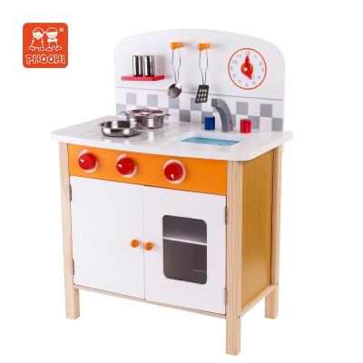 China Wooden Kitchen Toys Pretend Play For Kids Orange European Style Kitchen Play Kitchen Set for sale