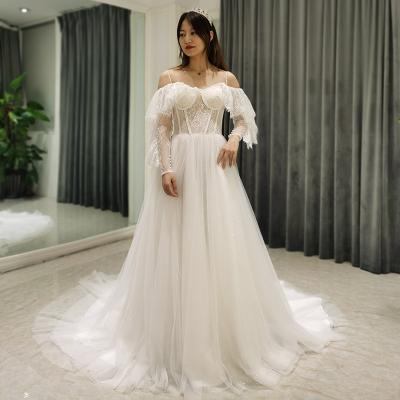 China Long Sleeve Open A-Line Summer Elegant Ceremony Wedding Party AmL 8330 Celebrity Store Boho Tulle Beach Wedding Party Long Sleeve Anti-Static for sale