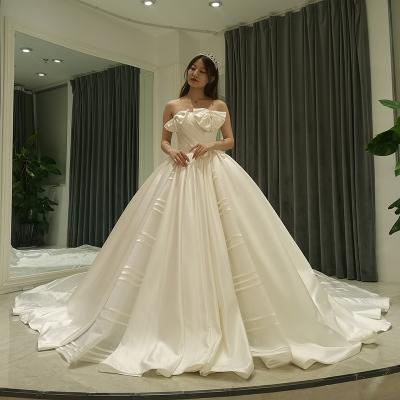 China AmL 8310 white civil satin dress wedding dress celebrity online women anti-static strapless dress off the shoulder Muslim princess simple elegant for sale