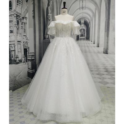 China AmL 8415 Anti-Static Wedding Dress With Sleeves Luxury Simple Engagement 2021 Civil White Floral Shiny Sequin Floor Length Bridesmaids Dress for sale