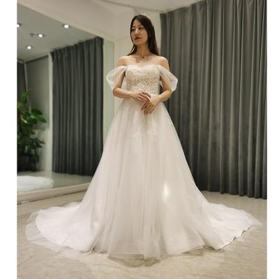 China Shop Anti-Static Chic Online Celebrity Boho Wedding Dress AmL 8379 Floral Beach Beaded Off The Shoulder White Tulle Country Vintage Sunday for sale