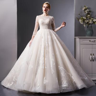 China SL6104 champagne empire train long sleeve wedding ball gown wedding dress 2020 long sleeves applique anti-static luxury lace bridal gown plus size for sale