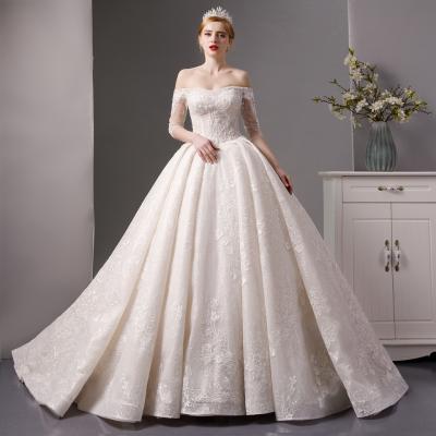 China SL6070 Anti-Static Off Shoulder Wedding Dresses Lace Appliqued Half Sleeve Pleated Skirt Bridal Ball Gowns Civil Dress 2020 Lace Wedding for sale