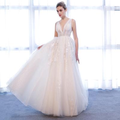 China SL168 Anti-Static Bohemia Beaded A Line Wedding Ball Gown Long Dress Wedding Photo V Neck Deep Lace Applique Wedding Dress Boho Wedding Dress for sale