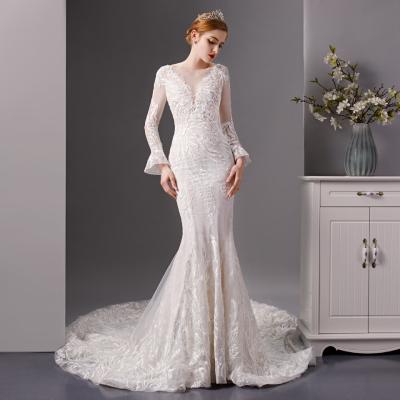 China SL6087 Price Long Formal Dresses Women In Constant Data 2020 Mermaid Anti-static Lace Wedding Dress Illusion Sleeve Wedding Bridal Gowns With Train for sale