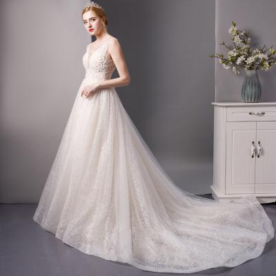 China Long train boho wedding dress SL6072 champagne princess wedding dress v neckline sequins corset back anti-static bridal gown wedding guest dresses cheap for sale