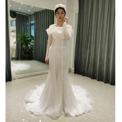 China AmL Anti-Static 8341 Exotic Bridal Party Corset Women Mermaid Wedding Dress Luxury Romantic White Shiny Beaded White Long Sleeve Collection for sale