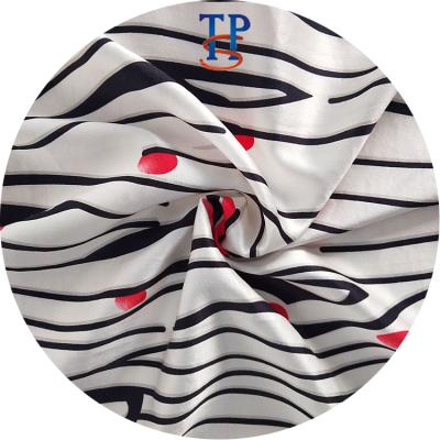 China Plain black and white stripes printed crepe satin pure silk elastic plain fabric for garments or dress for sale