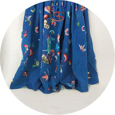 China Custom 40MM Blue Butterfly 95% Silk Spring 5% Silk Elastic Crepe De Chine Digital Printing Heavy Fabric for sale