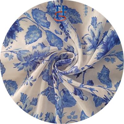 China Simple Customizable Blue And White Printed Silk Cotton Interlaced Fabric for sale