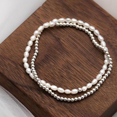 China Nickel Free S925 Sterling Silver Lead Free Round Ball Bead Chain Bracelets Double Layers Natural Baroque Pearl Stretch Bracelet For Women for sale