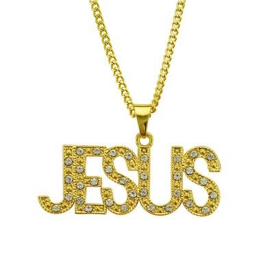 China Newest Design Environmental Friendly Jewelry HipHop Rope Chain Rhinestone Religious Word JESUS ​​Crystal Necklace Customized Gold Letter Necklace Pendant for sale