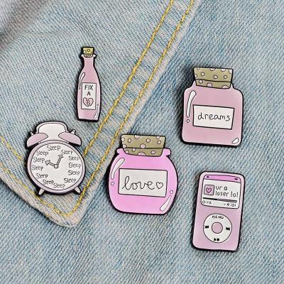 China Pink water bottle brooch mp3 alarm clock ornament enamel lapel pin metal daily wearing soft brooch for girl kids for sale