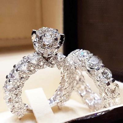 China Brass Wedding Ring Set Ring Set Rhodium Plated Jewelry Romantic Zircon Zirconia Stone Engagement Rings Couple for sale